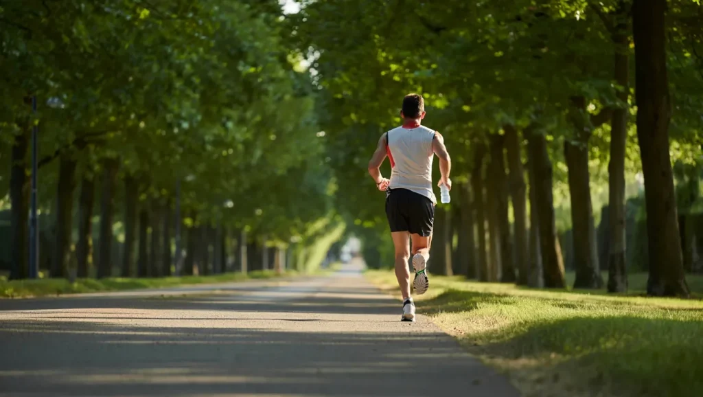 Coureur sur un chemin ombragé en été près de Riedisheim