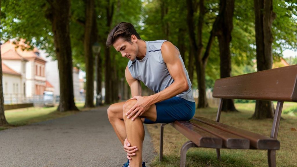 Coureur assis sur un banc après footing massant doucement son mollet sans marque visible