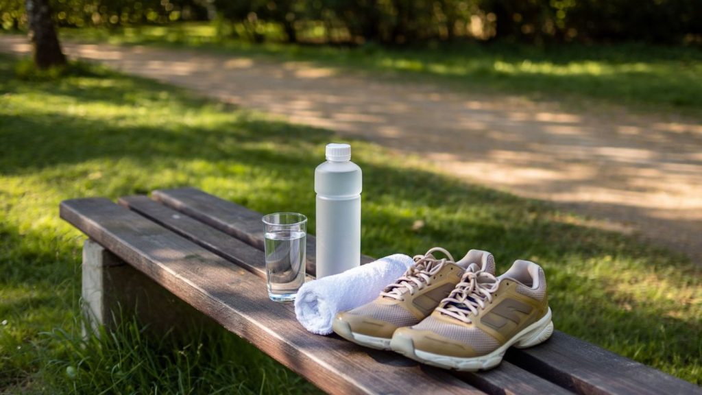 Gourde d’eau et chaussures de running sur une table avant un footing matinal